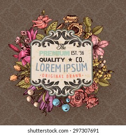 Vintage Vector Card with Engraving Flowers. Frame for Logo, Label. Retro Floral Design. Roses, Leaves, Lilies, Tulips and other Flowers.