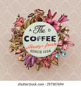 Vintage Vector Card with Engraving Flowers. Frame for Logo, Label. Retro Floral Design. Roses, Leaves, Lilies, Tulips and other Flowers.