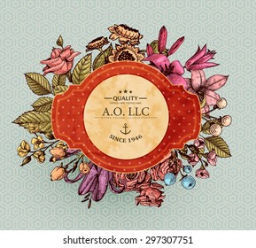 Vintage Vector Card with Engraving Flowers. Frame for Logo, Label. Retro Floral Design. Roses, Leaves, Lilies, Tulips and other Flowers.