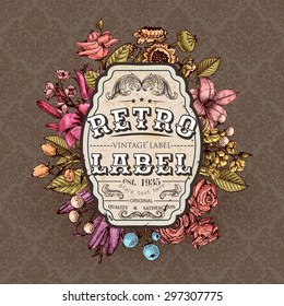 Vintage Vector Card with Engraving Flowers. Frame for Logo, Label. Retro Floral Design. Roses, Leaves, Lilies, Tulips and other Flowers.