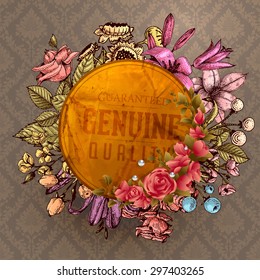 Vintage Vector Card with Engraving Flowers. Frame for Logo, Label. Retro Floral Pattern Design. Roses, Leaves, Lilies, Tulips and other Flowers.