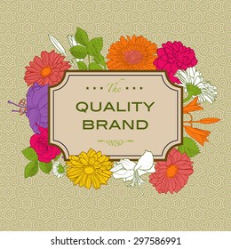 Vintage vector card with engraving flowers. Frame for logo, label. Retro floral design. Colorful botanical illustration with roses, leaves, lilies, dahlia and others.