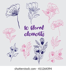 vintage vector card with floral elements. fantasy summer flower and leaf elements. herbal poster. you can combine plants to create bouquets