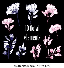 vintage vector card with floral elements. fantasy summer flower and leaf elements. herbal poster. you can combine plants to create bouquets