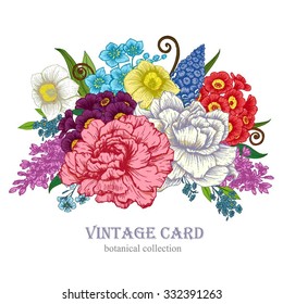 Vintage vector card with flowers, peony, primrose, muscari, narcissus, lilac, bouquet of flowers