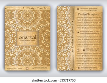 Vintage vector card with gold arabic texture. Decorative oriental templates for brochure, flyer or booklet. Front and back page, size A4. Elegant layout with floral mandala pattern and ornaments