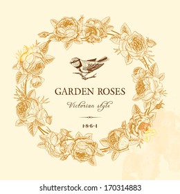 Vintage vector card with golden round frame of garden roses on a beige background. Victorian style.