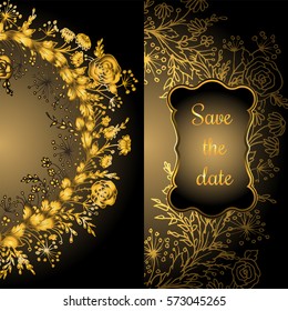 Vintage vector card with golden round frame of garden roses on a beige background. Victorian style.
