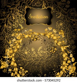 Vintage vector card with golden round frame of garden roses on a beige background. Victorian style.