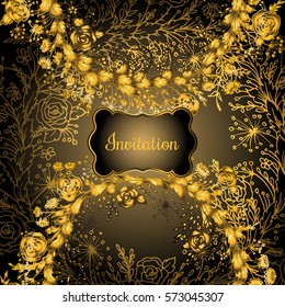 Vintage vector card with golden round frame of garden roses on a beige background. Victorian style.