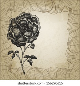 Vintage vector card with hand drawn dog rose and a place for Your text