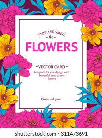 Vintage vector card with hand drawn flowers and blooming brunches. Template for your design.