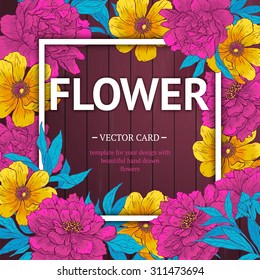 Vintage vector card with hand drawn flowers and blooming brunches. Template for your design.