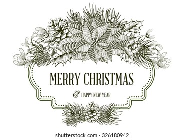 Tarjeta vectorial vintage con mano dibujada en árbol de abeto de estilo grabado, poinsettia y otros para Navidad. ¡Feliz Navidad y feliz año nuevo!