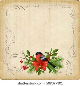 Vintage vector card with holiday composition of the Christmas decorations, bird bullfinch, bow, decorative border frame