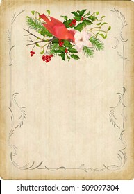 Vintage vector card with holiday composition of the Christmas decorations, bird, decorative border frame