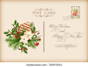 Vintage vector card with holiday composition of the Christmas decorations