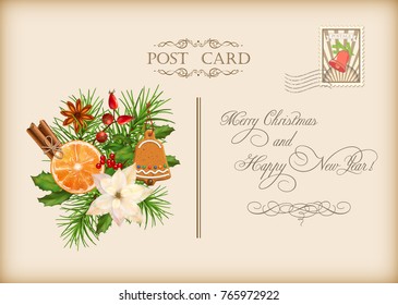 Vintage vector card with holiday composition of the Christmas decorations