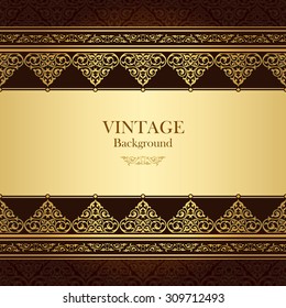 Vintage vector card in islamic style, seamless lace ornament on luxury background, floral border, page for text, ramadan greeting, invitation, rich elements for wedding decoration and creative design