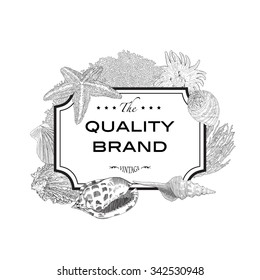 Vintage vector card with marine animals. Frame for label, menu. Retro seafood design with fill and outline. Botanical illustration with seashells, starfish and corals.
