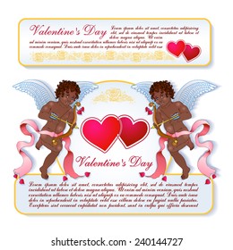 Vintage vector card with ornaments of roses. Angels-cupids shoots from a bow.
