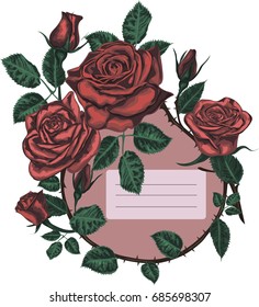 Vintage vector card with red roses  -   Vector design frame  - Red roses 