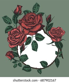 Vintage vector card with red roses  -   Vector design frame  - Red roses 