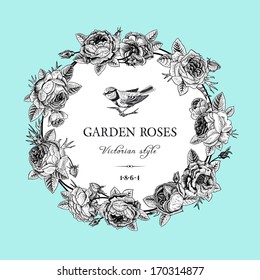 Vintage vector card with round black and white frame of garden roses on mint background. Victorian style.