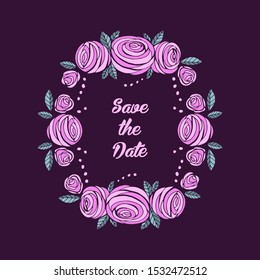 Vintage vector card with a round frame of pink garden roses on a violet background.