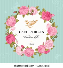 Vintage vector card with a round frame of pink garden roses on mint background. Victorian style.