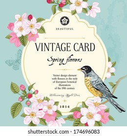 Vintage vector card spring. Bird on a branch of apple blossoms pink flowers on mint background.