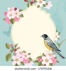 Vintage vector card spring. Bird on a branch of apple blossoms pink flowers on mint background.