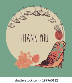 Vintage vector card spring. Bird on a branch of apple blossoms pink flowers on mint background.