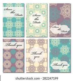 Vintage vector card templates. Can be used for Save The Date, baby shower, mothers day, valentines day, birthday cards, invitations. Seamless pattern is masked. Template response card save the date 