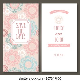 Vintage vector card templates. Can be used for Save The Date, baby shower, mothers day, valentines day, birthday cards, invitations. Seamless pattern is masked and named