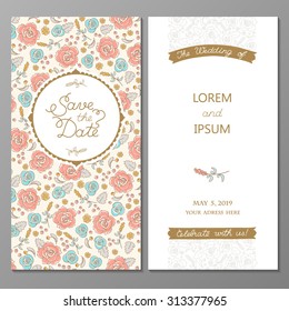 Vintage vector card, wedding invitation. Can be used for - save the date, mothers day, valentines day, birthday cards. Seamless floral pattern under the mask.