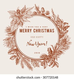 Vintage vector card. I Wish You A Very Merry Christmas And Happy New Year. The wreath of branches of different trees. Gold.