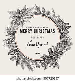 Vintage vector card. I Wish You A Very Merry Christmas And Happy New Year. The wreath of branches of different trees. Black and white.