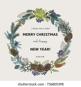 Vintage vector card. I Wish You A Very Merry Christmas And Happy New Year. The wreath of branches of different trees. Modern floristics. Colorful