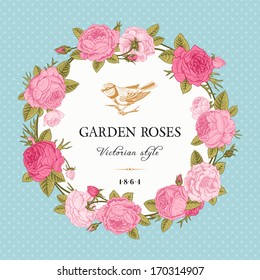 Vintage vector card with a wreath of pink garden roses on mint background polka dot. Victorian style.