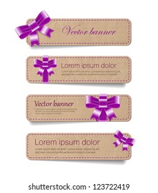 Vintage vector cardboard banners collection decorated with silky ribbon bows - purple