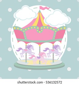 Vintage Vector Carousel/merry Go Round Birthday Card Template/illustration On Polka Dot Background Pattern