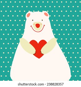  Vintage vector cartoon cute illustration with cute teddy bear and heart on polka-dot background. Love card.