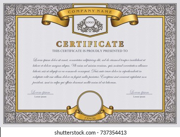 Vintage Vector Certificate Template with gold, luxury, ornamental frame and ribbons. Creative Diploma with ornate borders and elements.