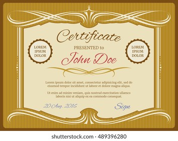 Vintage vector certificate template, retro diploma. Document presented illustration