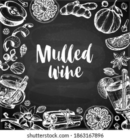 Vintage vector chalk drawing background with mulled wine and spices. Traditional Christmas food and drink.