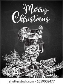 Vintage vector chalk drawing mulled wine and spices on a black background. Traditional Christmas food and drink.