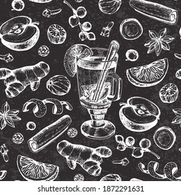 Dibujo vectorial vintage de tiza sin fisuras con vino y especias a la parrilla. La comida y bebida navideña tradicional. Fondo festivo de decoración a mano.