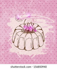 Vintage vector Cherry cake on pink background