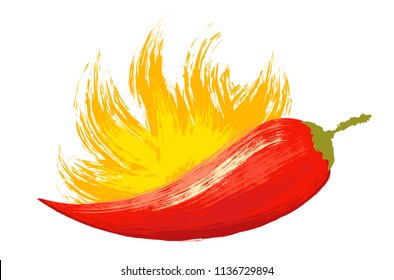 Vintage vector chili pepper with fire in watercolor style. Watercolor red chilli pepper with flame.